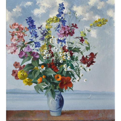 MARCUS JACOBI : Blumenstrauss vor Seelandschaft (DOBIASCHOFSKY AUKTIONEN AG)