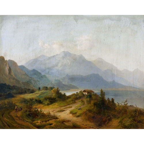 KARL AUGUST AERTTINGER : Bergsee mit Haus und Holzsammler (DOBIASCHOFSKY AUKTIONEN AG)