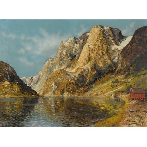 J. (EIGTL. KAUFMANN HOLMSTEDT : Rotes Haus in Fjordlandschaft (DOBIASCHOFSKY AUKTIONEN AG)