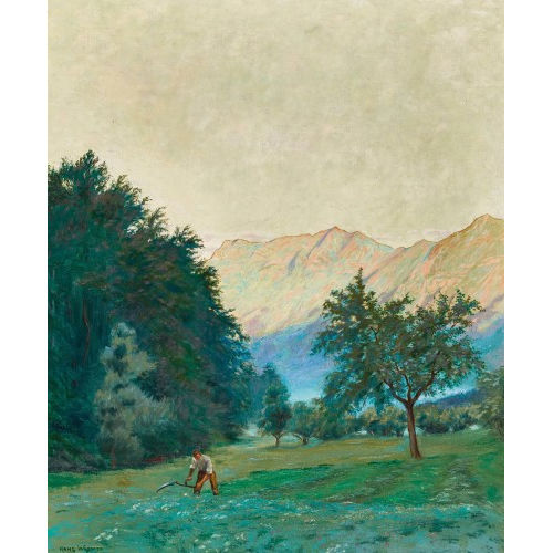 HANS WIDMER : Berglandschaft mit Bauer beim M�hen (DOBIASCHOFSKY AUKTIONEN AG)