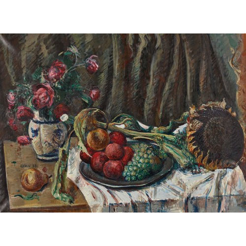 HERMANN HUBER : Stillleben mit Rosen, Sonnenblume und Fr�chten (DOBIASCHOFSKY AUKTIONEN AG)