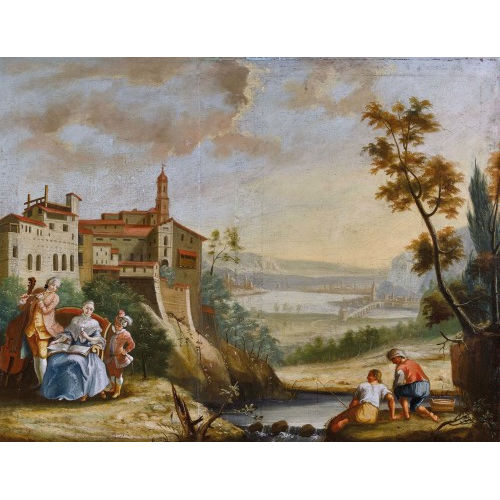 18. JH. NEAPOLITANISCHE SCHULE : Weite Landschaft mit vornehmer Gesellschaft und Anglern (DOBIASCHOFSKY AUKTIONEN AG)
