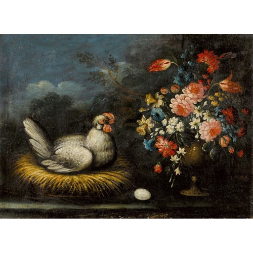 18. JH. NEAPOLITANISCHE SCHULE : Br�tendes Huhn mit Ei und Blumenbouquet (DOBIASCHOFSKY AUKTIONEN AG)