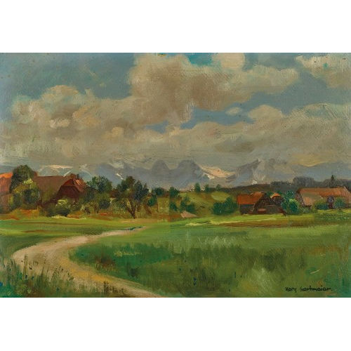 HANS GARTMEIER : Dorfpartie mit Berner Alpenpanorama (DOBIASCHOFSKY AUKTIONEN AG)