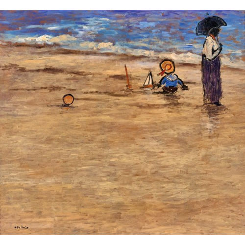 HENRY SAINT-CLAIR : Frau mit Schirm und spielendes Kind am Strand (DOBIASCHOFSKY AUKTIONEN AG)