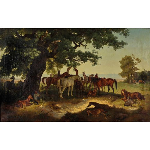 JOHANN BAPTIST ZWECKER : Rastende Pferde unter schattigem Baum (DOBIASCHOFSKY AUKTIONEN AG)