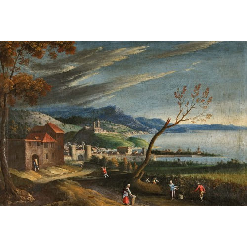 18. JH. ITALIEN : K�stenlandschaft mit Menschen bei der Traubenernte (DOBIASCHOFSKY AUKTIONEN AG)