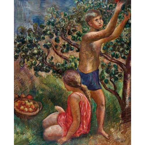 HERMANN HUBER : Kinder bei der Apfelernte (DOBIASCHOFSKY AUKTIONEN AG)