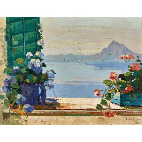RUDOLF N�GELY : 'Fen�tre fleurie ouverte sur le Lac de Lugano' (DOBIASCHOFSKY AUKTIONEN AG)