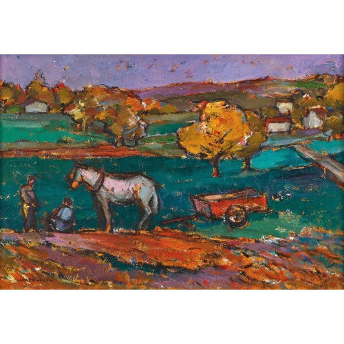 BORIS SCHAPOWALOW : Landschaft mit Bauern, Pferden und Wagen (DOBIASCHOFSKY AUKTIONEN AG)