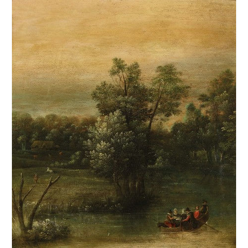 JAN I BRUEGHEL : Landschaft mit nobler Gesellschaft auf einem Boot (DOBIASCHOFSKY AUKTIONEN AG)