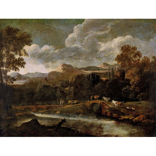18. JH. ITALIEN : Idyllische Landschaft mit Flussbr�cken und Viehherde (DOBIASCHOFSKY AUKTIONEN AG)