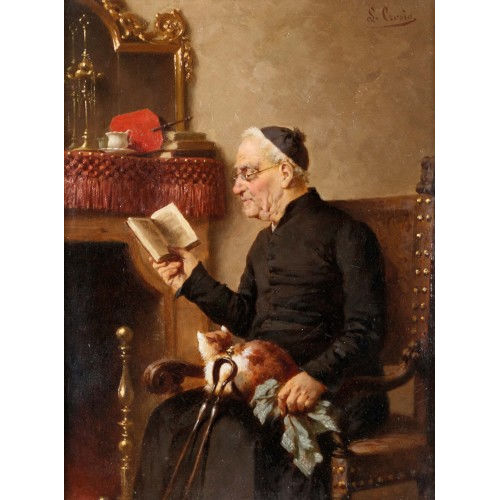 LUIGI CROSIO : Geistlicher mit Lekt�re am Kamin (DOBIASCHOFSKY AUKTIONEN AG)