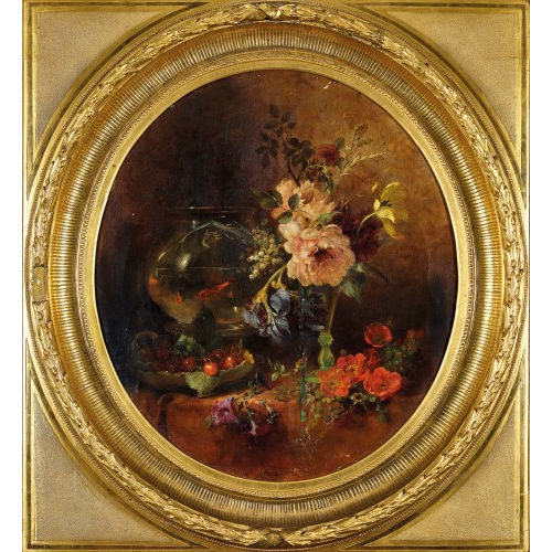 ANNA PETERS : Stillleben mit Blumen, Kirschen und Fischglas (DOBIASCHOFSKY AUKTIONEN AG)