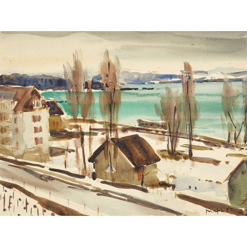 WALTER MAFLI : Winterliches Seeufer mit H�usern und B�umen (DOBIASCHOFSKY AUKTIONEN AG)