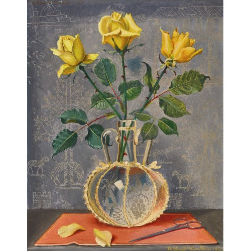 NIKLAUS STOECKLIN : Stillleben mit gelben Rosen in Glasvase und Schere (DOBIASCHOFSKY AUKTIONEN AG)