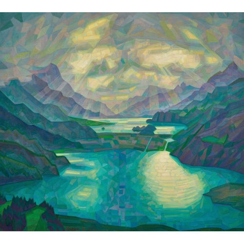 OSCAR NUSSIO : Engadiner Landschaft mit Silvaplaner- und Silsersee (DOBIASCHOFSKY AUKTIONEN AG)