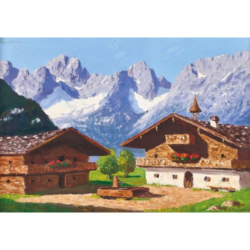 KARL PANCHERI : Tiroler H�user mit Blick auf den Wilden Kaiser (DOBIASCHOFSKY AUKTIONEN AG)
