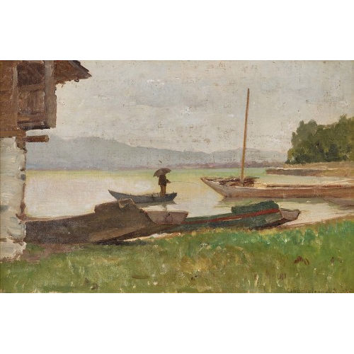 19. JH. SCHWEIZ : Angler mit Regenschirm am Thunerseeufer (DOBIASCHOFSKY AUKTIONEN AG)