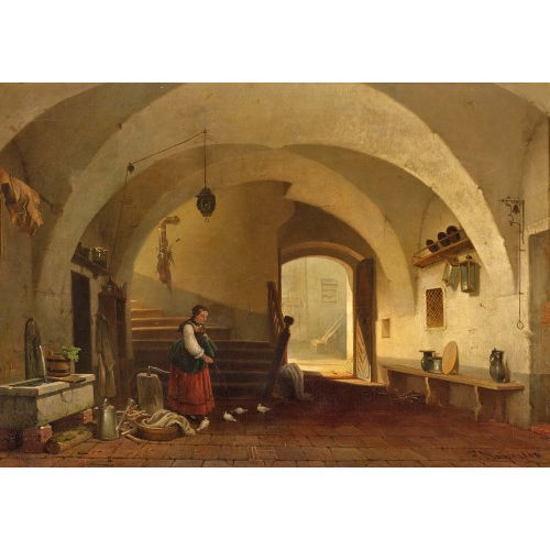FRIEDRICH MAYER : Innenhof mit B�uerin beim F�ttern der Tauben (DOBIASCHOFSKY AUKTIONEN AG)