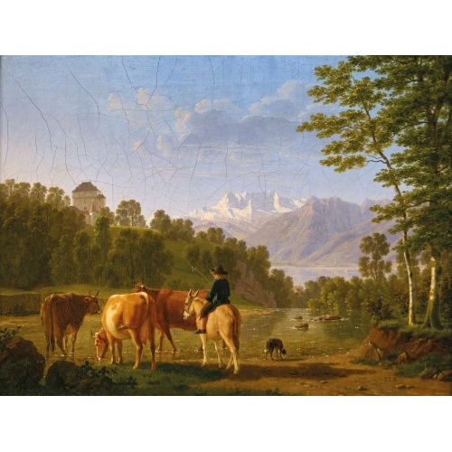 JOHANN JAKOB BIEDERMANN : K�he am Genfersee mit dem Ch�teau du Ch�telard und den Dents du Midi (DOBIASCHOFSKY AUKTIONEN AG)