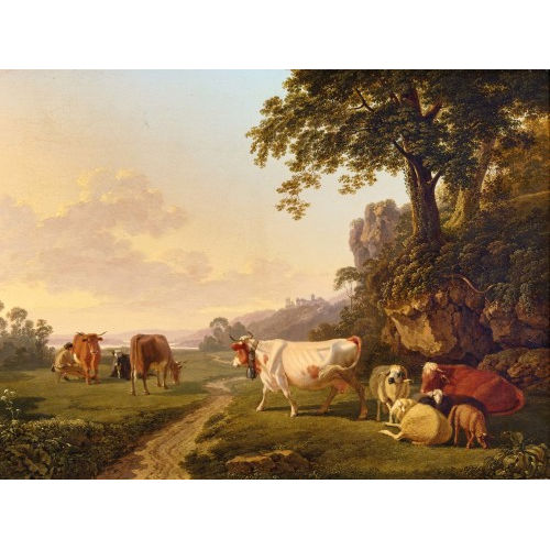 JOHANN JAKOB BIEDERMANN : Weidendes Vieh mit Hirt beim Melken (DOBIASCHOFSKY AUKTIONEN AG)