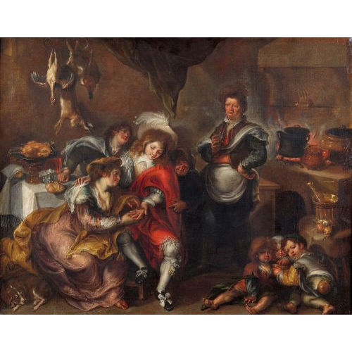 SIMON DE VOS : K�cheninterieur mit Wahrsagerin und jungem Edelmann (DOBIASCHOFSKY AUKTIONEN AG)