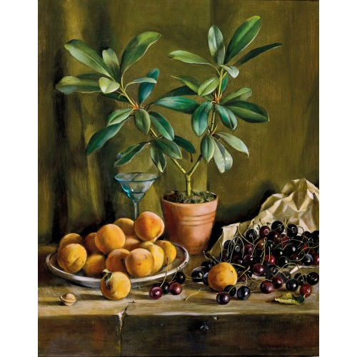 HANS RUDOLF SCHWARZENBACH : Obststillleben mit Topfpflanze (DOBIASCHOFSKY AUKTIONEN AG)