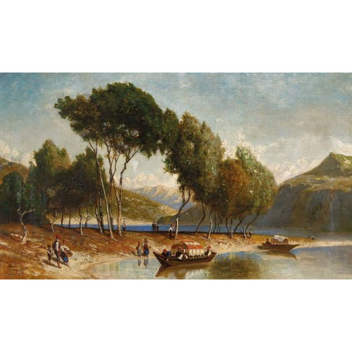 KARL GIRARDET : Sommerlicher Bergsee mit Booten (DOBIASCHOFSKY AUKTIONEN AG)