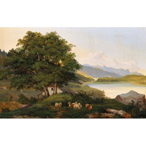 19. JH. SCHWEIZ : Seelandschaft mit Schafherde (DOBIASCHOFSKY AUKTIONEN AG)