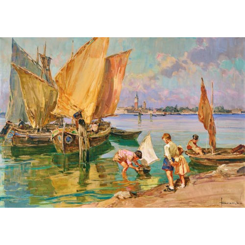 ANGELO BROMBO : Spielende Kinder an der Lagune von Venedig (DOBIASCHOFSKY AUKTIONEN AG)