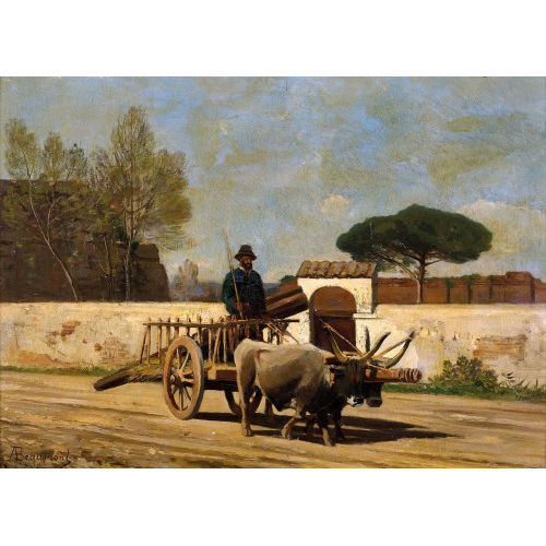 AUGUSTE BOUTHILLIER DE BEAUMONT : Strassenpartie mit Ochsenfuhrwerk (DOBIASCHOFSKY AUKTIONEN AG)