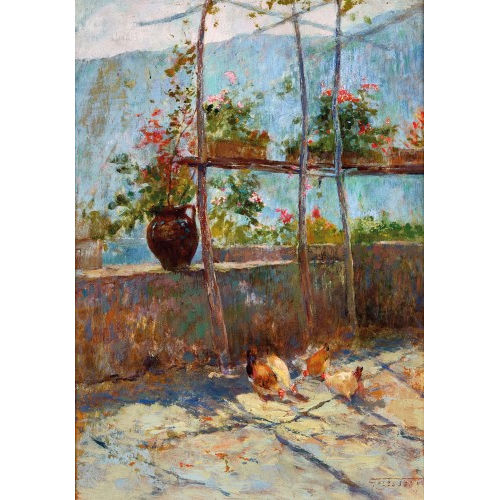 GIOACHIMO GALBUSERA : 'Muretto al lago con fiori e galline' (DOBIASCHOFSKY AUKTIONEN AG)