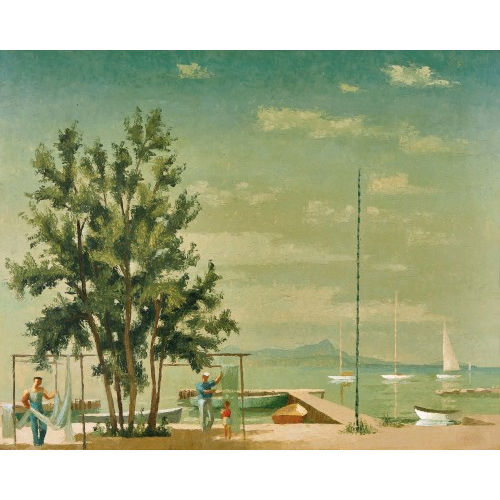 HERMANN PIEPER : Sonnige Uferlandschaft mit Fischern und Netzen (DOBIASCHOFSKY AUKTIONEN AG)