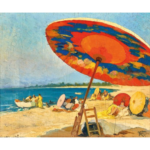 LUIS MASRIERA Y ROS�S : Strand mit Sonnenschirmen (DOBIASCHOFSKY AUKTIONEN AG)