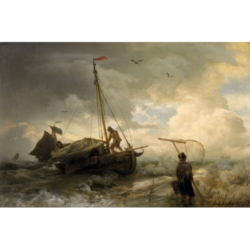 ANDREAS ACHENBACH : Fischerboot am st�rmischen Strand (DOBIASCHOFSKY AUKTIONEN AG)