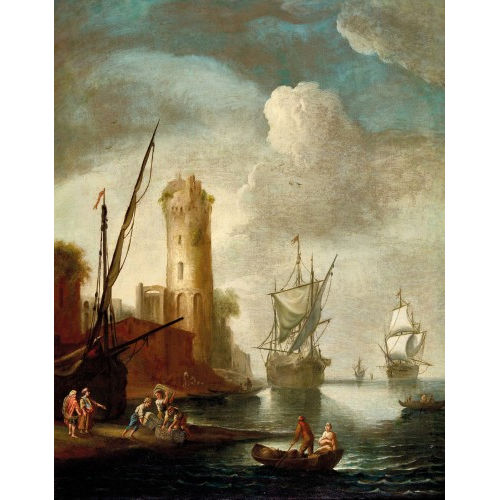 CLAUDE JOSEPH VERNET : Hafen mit altem Turm und Segelschiffen (DOBIASCHOFSKY AUKTIONEN AG)