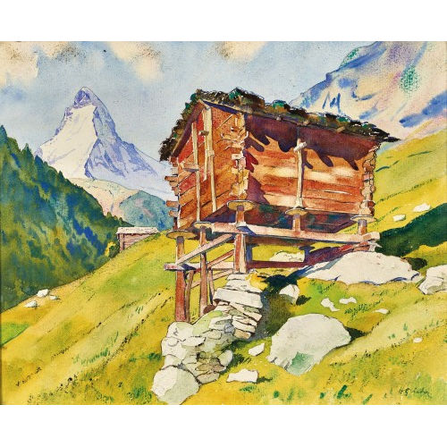 H. GRIEDER : Walliser Stadel mit Matterhorn (DOBIASCHOFSKY AUKTIONEN AG)
