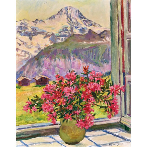 FRITZ MEIJER : Blumenstrauss im Fensterausschnitt mit Blick in die Berge (DOBIASCHOFSKY AUKTIONEN AG)