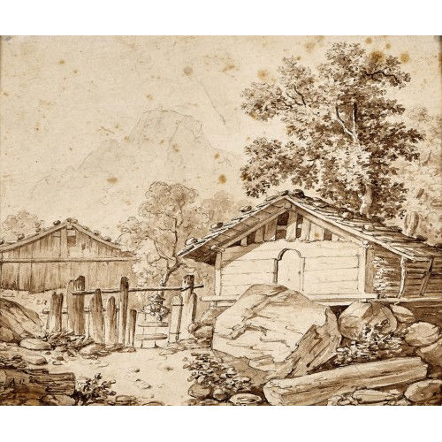 ALEXANDRE CALAME : Bauernhof in Gebirgslandschaft mit Figurenstaffage (DOBIASCHOFSKY AUKTIONEN AG)