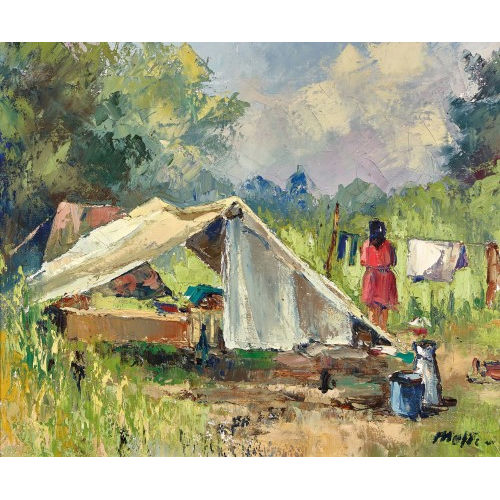 WALTER MAFLI : Landschaft mit Zelt und Frau beim H�ngen der W�sche (DOBIASCHOFSKY AUKTIONEN AG)