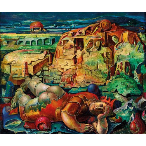 JULIUS (AUCH GYULA) SZABO : Surreale Landschaft mit liegendem Harlekin (DOBIASCHOFSKY AUKTIONEN AG)