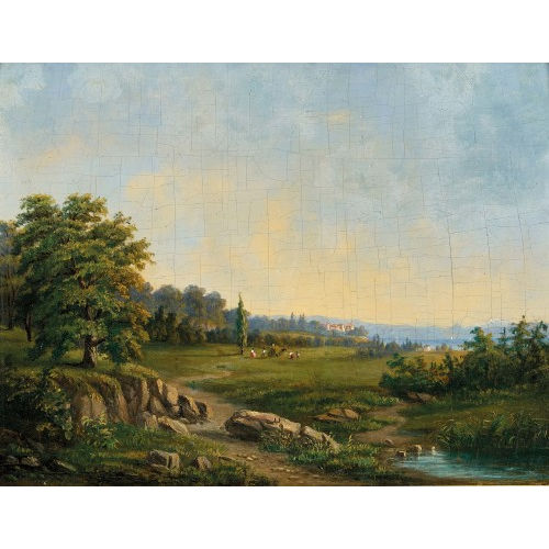 JEAN PHILIPPE GEORGE-JULLIARD : Sommerlandschaft am Genfersee mit Heuernte (DOBIASCHOFSKY AUKTIONEN AG)