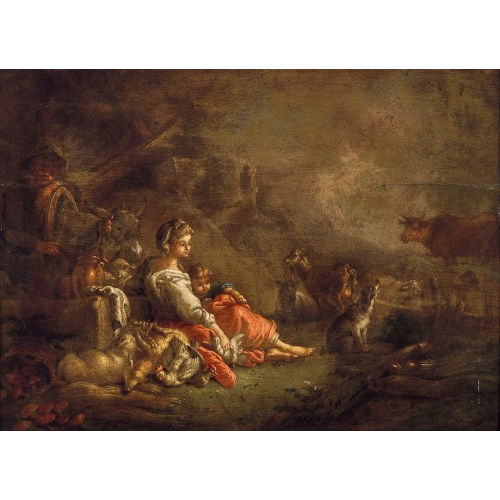 JEAN-BAPTISTE I HUET : B�uerin mit Kind und Vieh (DOBIASCHOFSKY AUKTIONEN AG)