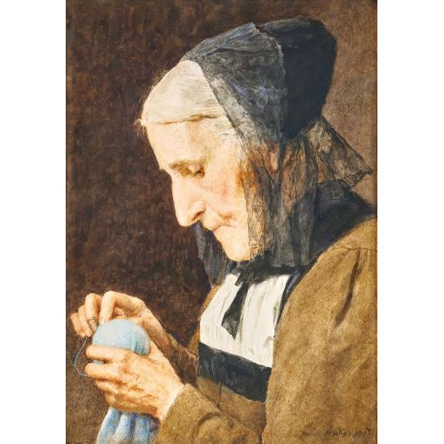 ALBERT ANKER : Grossmutter bei Flickarbeiten mit der Strumpfkugel (DOBIASCHOFSKY AUKTIONEN AG)
