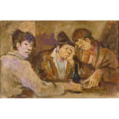PIERRE STAMPFLI : M�nnertrio mit Weinflasche am Tisch (DOBIASCHOFSKY AUKTIONEN AG)