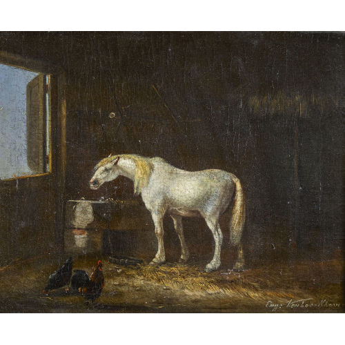 EUG�NE JOSEPH VERBOECKHOVEN : Pferd und H�hner im Stall (DOBIASCHOFSKY AUKTIONEN AG)