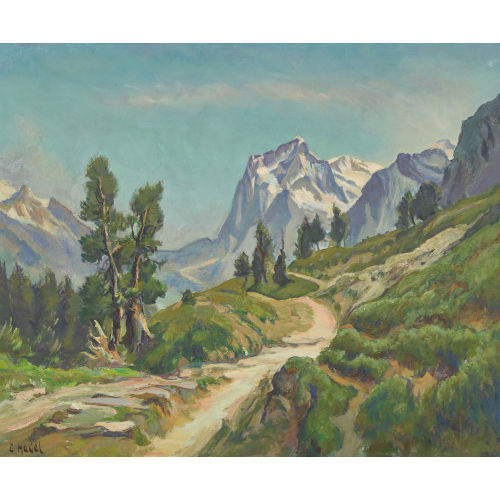 ERNST II HODEL : Sonnige Wegpartie mit Blick auf das Wetterhorn (DOBIASCHOFSKY AUKTIONEN AG)