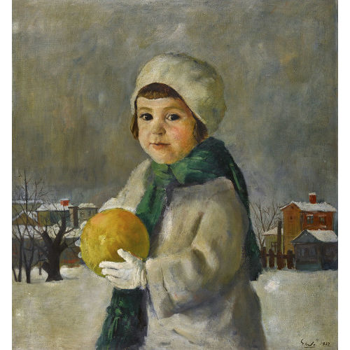 LIPOT GED� : M�dchen mit gelbem Ball vor Winterlandschaft (DOBIASCHOFSKY AUKTIONEN AG)