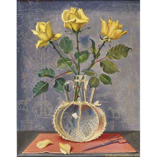 NIKLAUS STOECKLIN : Stillleben mit Schere und gelben Rosen in Glasvase (DOBIASCHOFSKY AUKTIONEN AG)